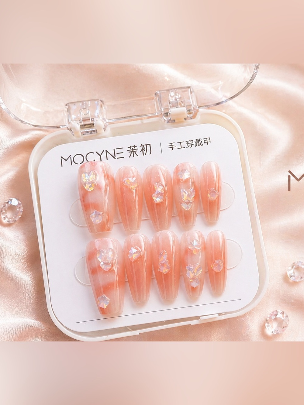 Peach Crystal Accent Press-On Nails - Women Makeup